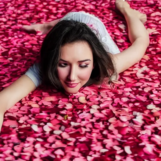 Image similar to woman laying in a pool of rose petals, movie poster, realistic, soft lighting, professional, full body, view from top