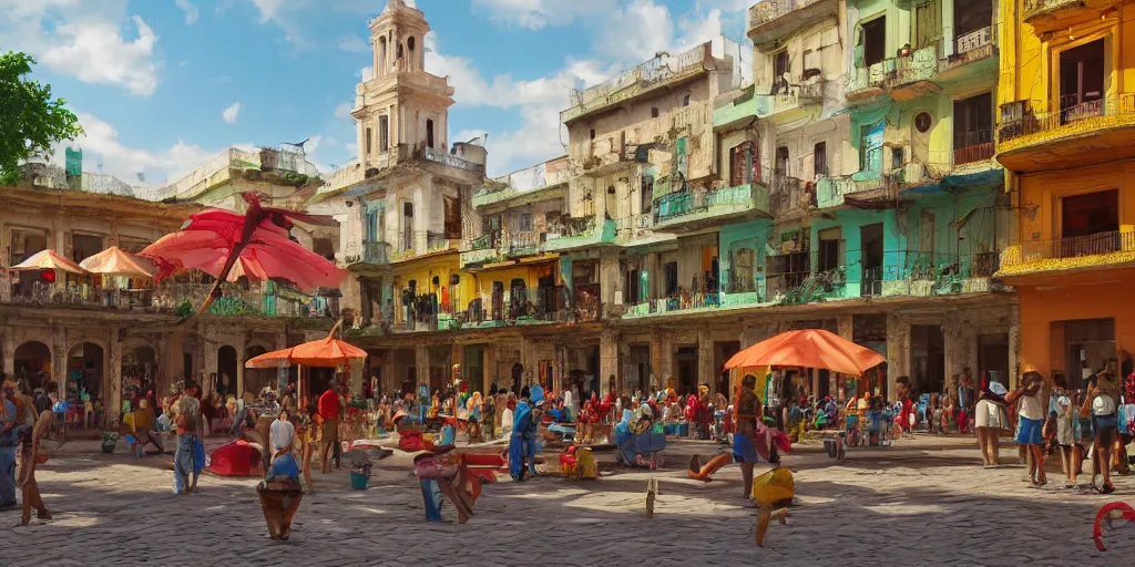 Image similar to cuba city square, cuban jazz, colorful, contrast, depth of field, 3 d scene, render, greg rutkowski, zabrocki, karlkka, jayison devadas, trending on artstation, 8 k, ultra wide angle, zenith view, pincushion lens effect