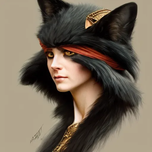 Image similar to portrait, cat person, black fur, pirate, doctor, pirate clothes, d & d, fantasy, intricate, elegant, highly detailed, digital painting, artstation, concept art, matte, sharp focus, illustration, art by artgerm and greg rutkowski and alphonse mucha