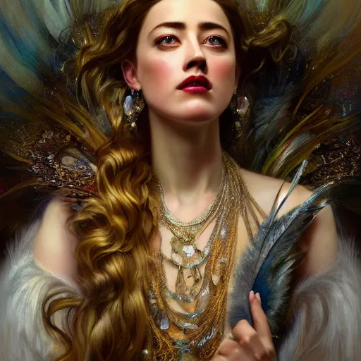 Image similar to hyperrealistic portrait of a woman as amber heard as a saint oracle wearing white swan dress long feathers and sapphire jewellery by jeremy mann and alphonse mucha, fantasy art, photo realistic, dynamic lighting, artstation, poster, volumetric lighting, very detailed faces, 4 k, award winning