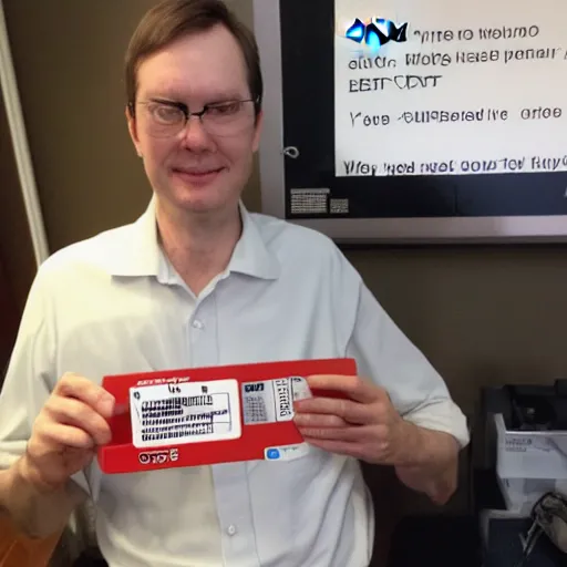 Prompt: Dwight is excited that he got a new Dymo label maker