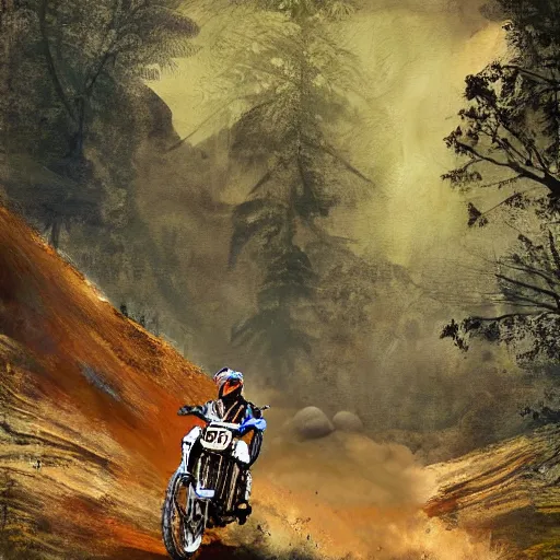 Image similar to detailed surreal digital painting of an off road motorcycle race moment, epic rider crash in the middle of a mountain view from a side, ktm, forest