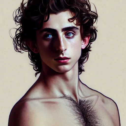 Prompt: back portrait of a Timothee Chalamet, full body, hairy torso, D&D, fantasy, intricate, elegant, highly detailed, digital painting, artstation, concept art, matte, sharp focus, illustration, art by Artgerm and Greg Rutkowski and Alphonse Mucha