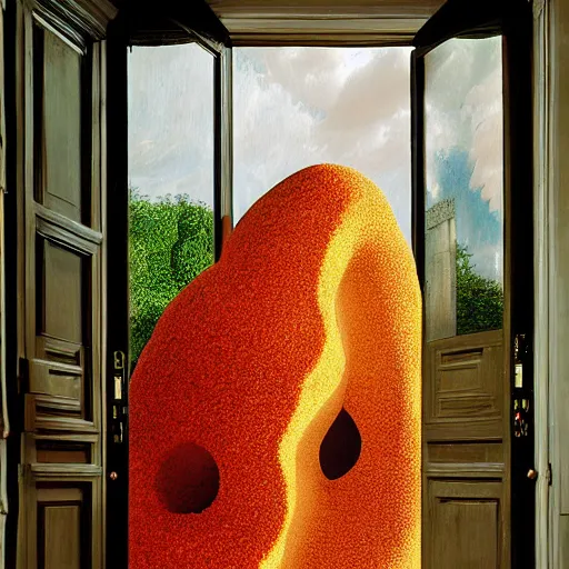 Prompt: surreal gigantic sculptural blobs of lava coming out in smooth bulbous shapes from the front door and lower windows of an elegant three-storey 19th-century house, installation art by Max Ernst and René Magritte reimagined by industrial light and magic