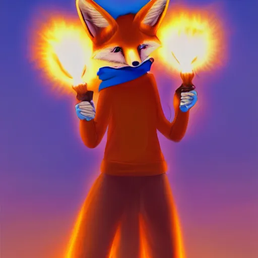 Prompt: furaffinity furry art of an anthro fennec character holding fireballs and wearing a blue sweatshirt, digital painting, detailed, cute