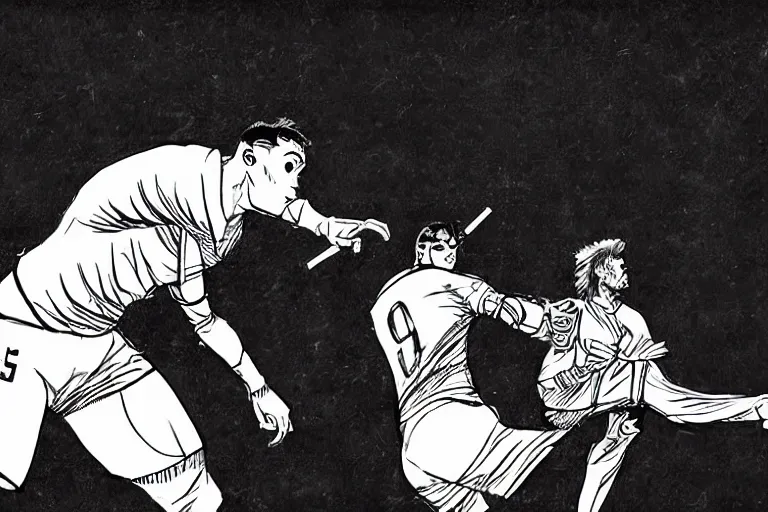 Prompt: cristiano ronaldo taking a penalty shot, a page from cyberpunk 2 0 2 0, style of paolo parente, style of mike jackson, adam smasher, johnny silverhand, 1 9 9 0 s comic book style, white background, ink drawing, black and white