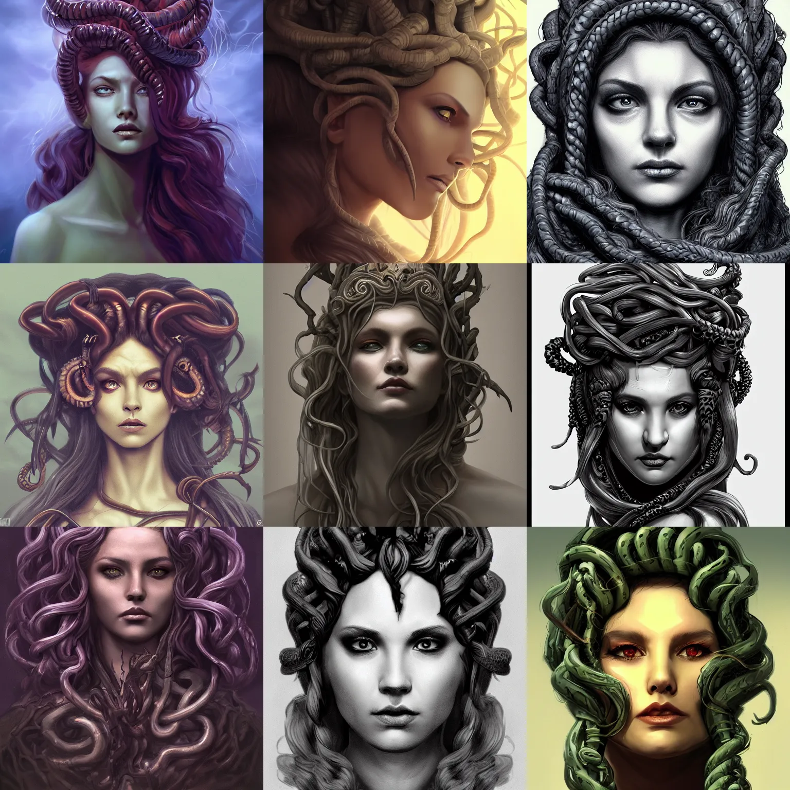 Prompt: high detail concept art, portrait of medusa, dark fantasy, backlight, atmospheric, trending on artstation