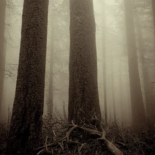 Image similar to an old worn photo of a tall horrific creature deep in a dark foggy forest