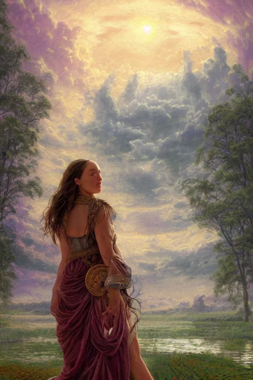 Prompt: Concept Art of cinematography of Terrence Malick film stunning portrait of featuring Kat Dennings as an ancient babylonian priestess, looking at camera, full body portrait, by Thomas Kindkade, masterpiece, Met, award winning, incredible, perfect structure