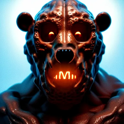 Image similar to a mutated bear monster illuminated by warm light, skull protruding from face, warped flesh, dreamlike, intricate detail, 3d render, octane render, god rays, depth of field, trending on artstation, 4k, hd