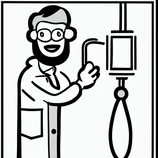 Prompt: scientist bearded lab coat standing measuring large fish line drawing simplistic cartoon pencil shading