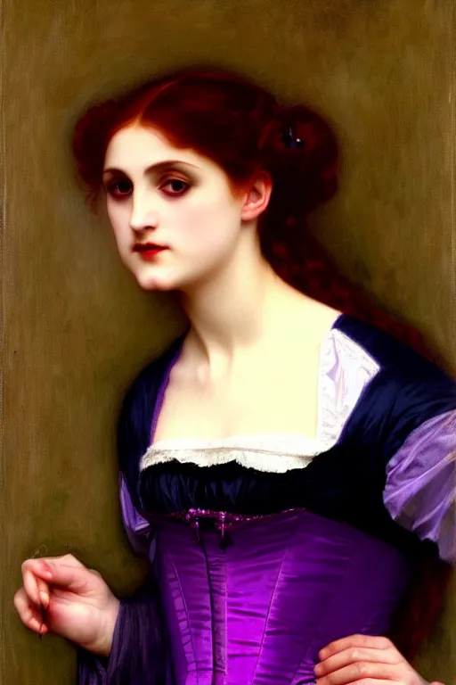 Image similar to victorian vampire in purple dress, painting by rossetti bouguereau, detailed art, artstation