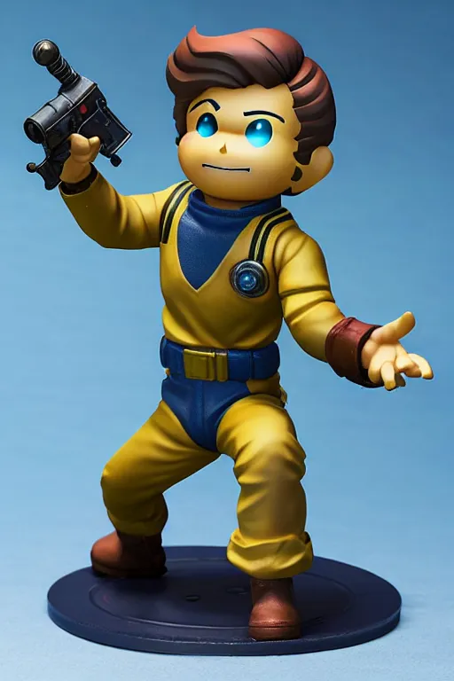 Prompt: still high quality figurine of vault boy from fallout, action figure, tsurime eyes, tareme eyes, personification, dynamic pose, detailed product photo, featured on amiami, tone mapped, beautiful composition, 8 5 mm, f. 1 4