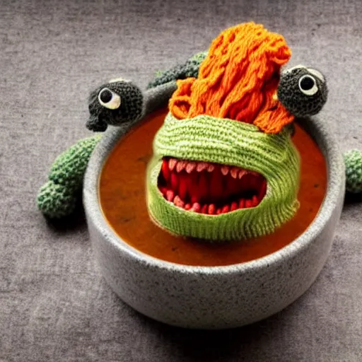 Image similar to a bowl of soup that looks like a monster, all as knitted yarn