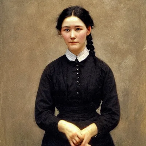 Prompt: a ((sadly)) (((smiling)))) black haired, young hungarian village maid from the 19th century who looks very similar to (((Lee Young Ae))) with a two french braids, detailed, soft focus, realistic oil painting by Cecilia Beaux