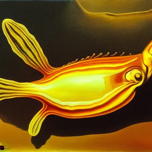 Image similar to oil painting of caramel cornstar fish by salvador dali, highly detailed, painted by someone who paints with their toes