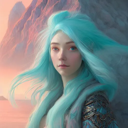 Image similar to teal haired mage, female, glacier landscape, norway, d & d, fantasy, intricate, elegant, highly detailed, digital painting, pink and teal color palette, artstation, octane render, concept art, matte, sharp focus, illustration, herrarthstone, art by artgerm and greg rutkowski and alphonse mucha