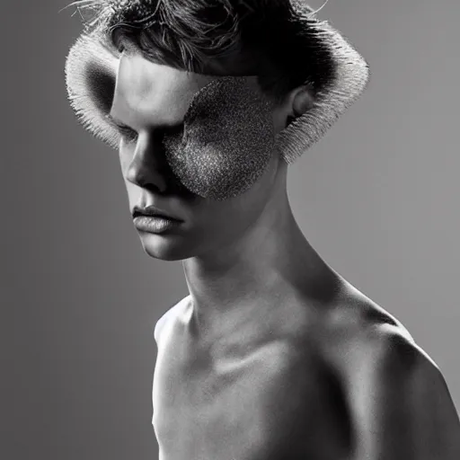 Prompt: a beautiful young male wearing iris van herpen, photographed by erwin olaf