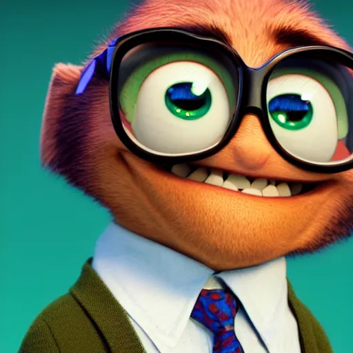 Image similar to close up portrait of a nerd guy happily announce new video, Pixar's Up character, 3D render,youtube thumbnail,flat green screen background,high resolution, high quality, detailed, zootopia, cgsociety,artstation, deviantart
