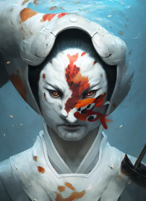 Image similar to subsurface scattering, white, koi, samurai with face armor, by jesper ejsing, justin gerard, tomasz alen kopera, cgsociety and fenghua zhong, highly detailed, rim light, cinematic lighting, illustration, art, octane render, very coherent, cinematic, hyper realism, high detail, octane render, 8 k