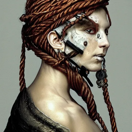 Image similar to portrait of a Shibari rope wrapped face and neck, headshot, insanely nice professional hair style, dramatic hair color, digital painting, of a old 15th century, old cyborg merchant, amber jewels, baroque, ornate clothing, scifi, realistic, hyperdetailed, chiaroscuro, concept art, art by Franz Hals and Jon Foster and Ayami Kojima and Amano and Karol Bak,