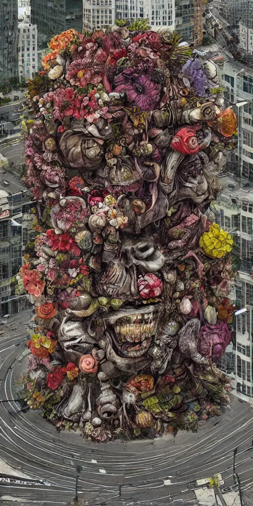 Image similar to giant grotesque flower in the middle of abandoned alien cityscape, ultradetailed by Giuseppe Arcimboldo and Josan Gonzalez