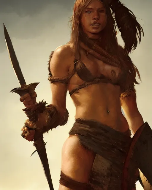 Image similar to hyper realistic photo of barbarian warrior girl, full body, cinematic, artstation, cgsociety, greg rutkowski, james gurney, mignola