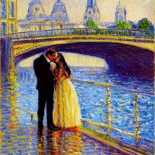 Image similar to impressionism kissing near le seine, paris