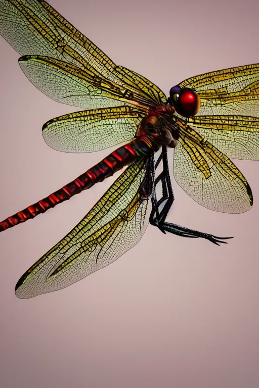 Prompt: a macro photo of a dragonfly, dynamic pose, close - up, intricate details, intricately detailed wings and compound eyes, intricate textures, warm lighting, vivid colors, smoke and mist, realistic octane render, hyper realistic render, volumetric shading, depth of field, raytracing, 8 k,