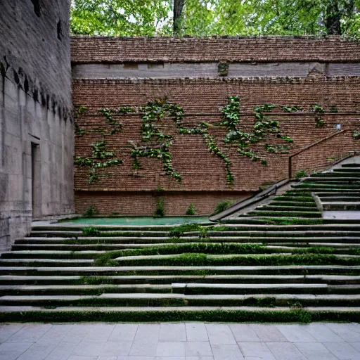 Prompt: courtyard complex of a labyrinthine monastary made of iteratively stacked stones, fusion of carlo scarpa and louis kahn, ivy growing on the bricks, people walking around and sitting on steps, architectural photography