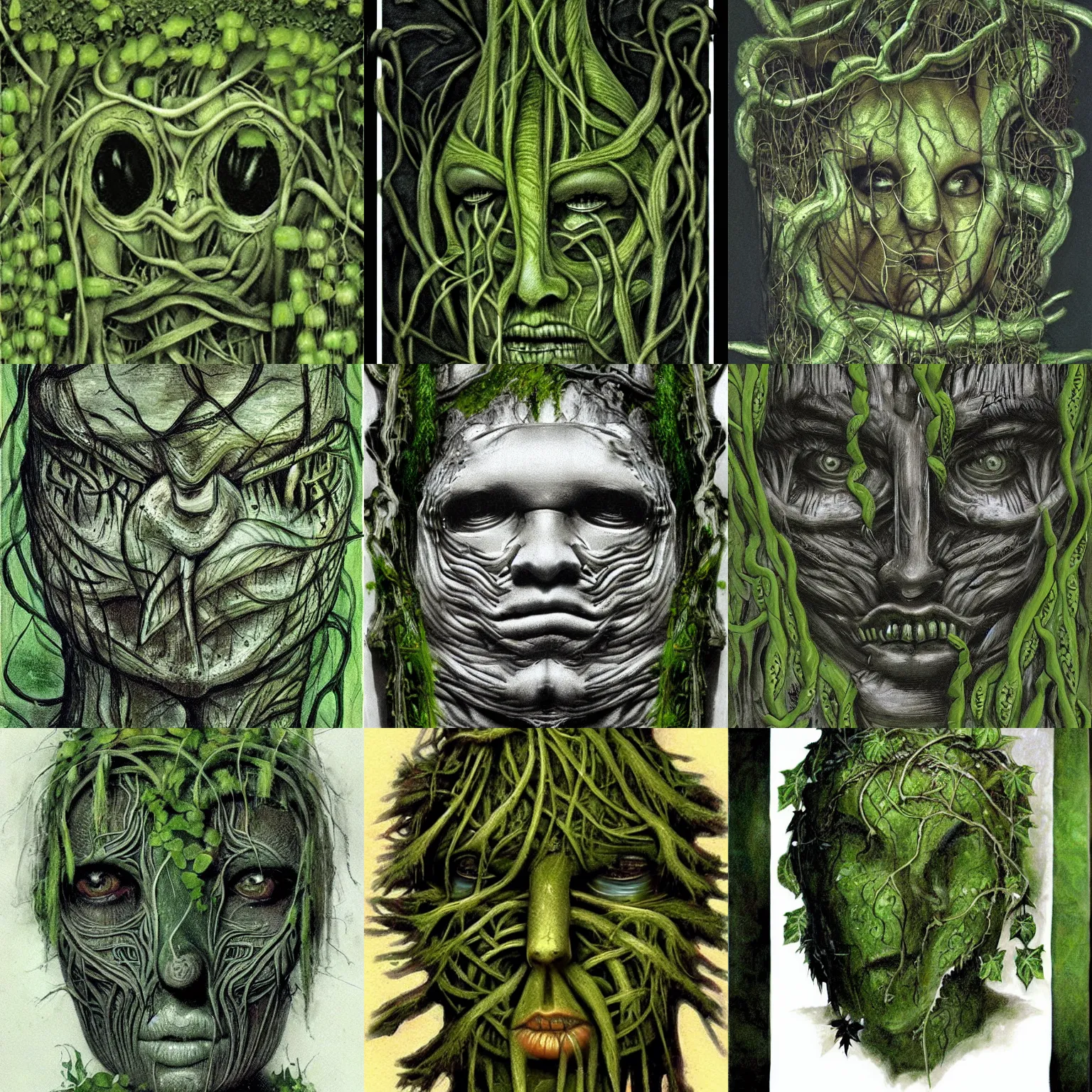 Prompt: leaves, vines, moss in the shape of a face, foliage face, concept art by H R Giger