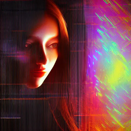 Image similar to glitchart of a young woman lucid dreaming in cyberspace, photoreal