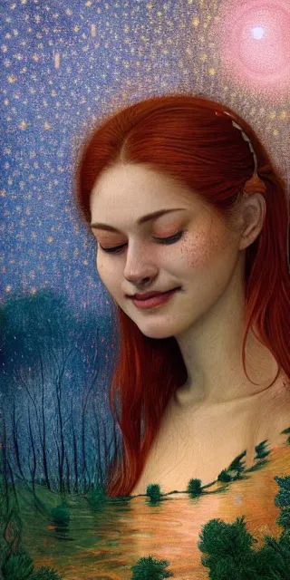 Image similar to infp young woman, smiling, amazed by golden fireflies lights, sitting in the midst of nature fully covered, long loose red hair, intricate linework, green eyes, small nose with freckles, oval shape face, realistic, expressive emotions, dramatic lights mystical scene, hyper realistic ultrafine art by artemisia gentileschi, albert bierstadt, artgerm