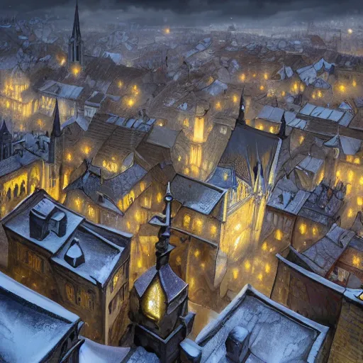 Image similar to an ultra detailed matte painting of the quaint town of galic, grid shaped city cobblestone streets, fantasy city, light snowfall, wind, inspiring gothic architecture, ultrawide lense, aerial photography, unreal engine, exquisite detail, 8 k, art by greg rutkowski and alphonse mucha