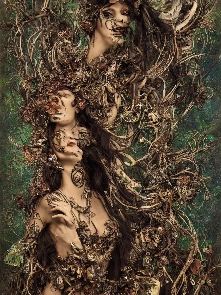 Prompt: a centered photo of a gorgeous dark tribal fairy with face tatoos wearing ornate and intricate jewellery made from sticks and feathers and leaves and jewels dancing through a mushroom forest, Photorealistic, Detailed, Realism, Fantasy, Voluemetric Lighting, Global Illumination, Subsurface Scattering, Photographic Color Scheme blur, by Karol Bak:10, by brian froud:5, by beeple:3, HD | trending on artstation