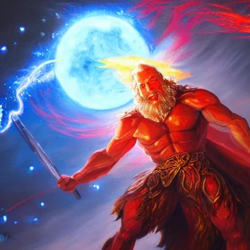 Image similar to Highly detailed oil painting, concept art, of a wizard casting a fireball spell, fighting against a huge ice giant, red and blue color scheme, concept art, highly detailed.