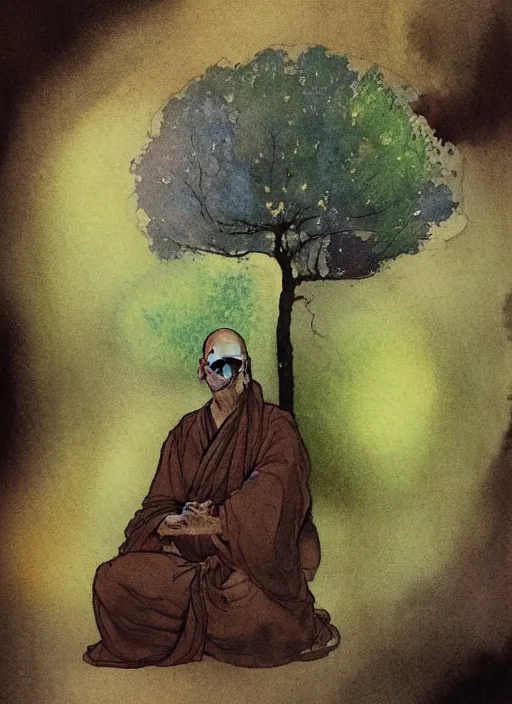 Image similar to portrait of Alan wats dressed like a zen monk meditating besides a tree, Using Stable Diffusion to paint, Odilón redon watercolor, dramatic lighting, cinematic, establishing shot, extremly high detail, foto realistic, cinematic lighting, pen and ink, intricate line drawings, by Yoshitaka Amano, Ruan Jia, Kentaro Miura, Artgerm, post processed, concept art, artstation, matte painting, style by eddie mendoza, raphael lacoste, alex ross