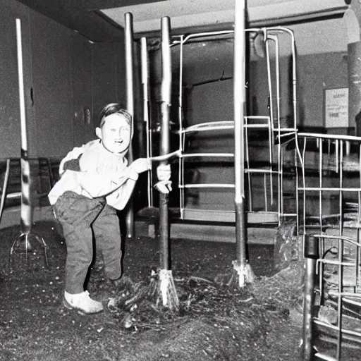 Image similar to photo, an 1 8 0 0's english explorer holding a burning torch while crawling through a 1 9 9 0's mcdonald's play place