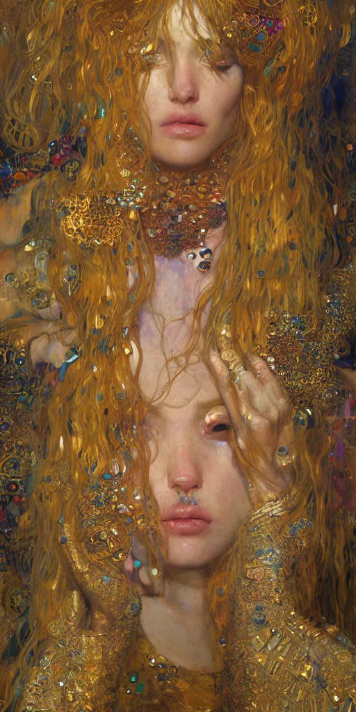 Image similar to an intricate portrait painting of an artistic pose young beautiful mermaid, klimt golden motives and textures, hyper - detailed, octane render, vivid colors, artstation, by jeremy mann, by gustav klimt