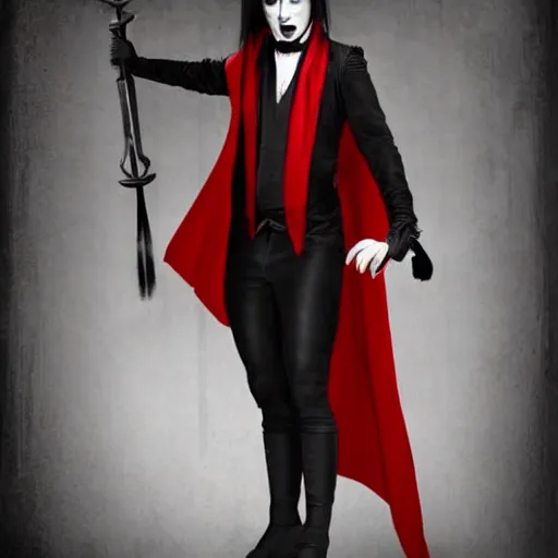 Prompt: a vampire, male, late - 4 0 s aged, long, slicked black hair, clean shaven, in red and black, medieval fantasy, digital art, cinematic shot, full body shot, concept art.