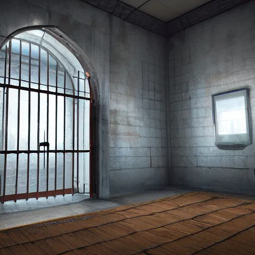 Prompt: prison talk room with glass, realistic, highly detailed, hd, unreal engine, guillermo del toro