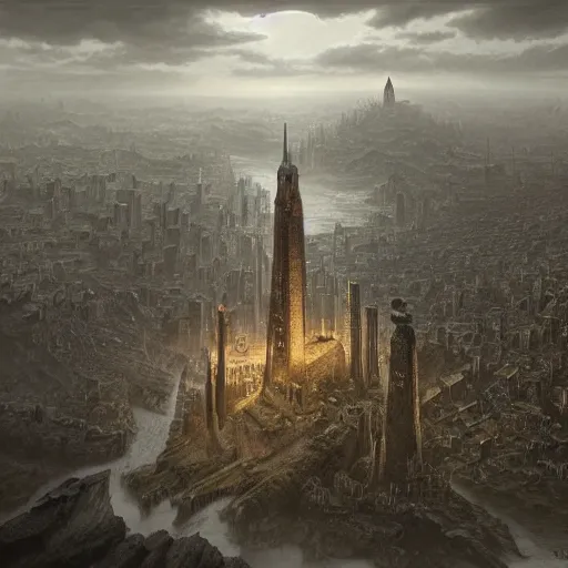 Image similar to an ultra detailed matte painting of a lonely and impossibly tall ominous dark tower elevated high above the city, on an isolated plateau island in a river elevated high above the city fortress tower, fantasy capital city, ultrawide lense, aerial photography, volumetric lighting, exquisite detail, 8 k, art by m. c. escher and greg rutkowski and alphonse mucha