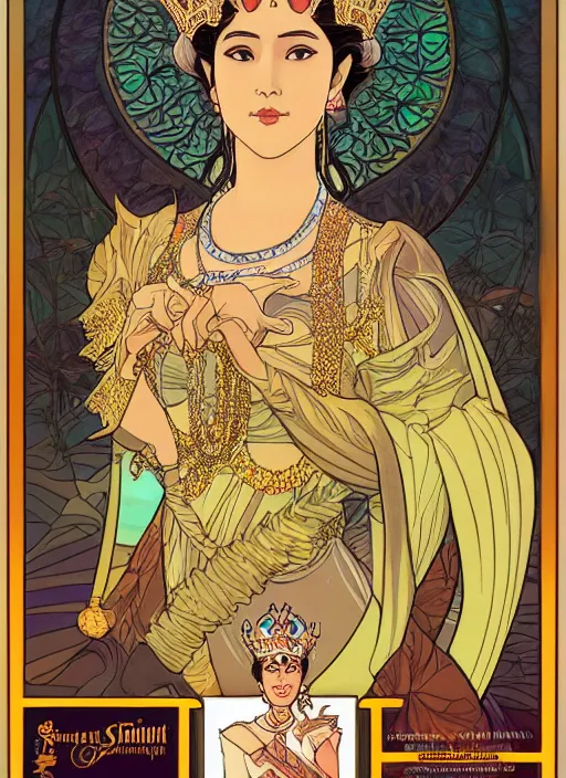 Prompt: well - lit art nouveau portrait of queen sirikrit of thailand, natural lighting, path traced, highly detailed, high quality, cartoon, digital painting, by don bluth and ross tran and studio ghibli and alphonse mucha