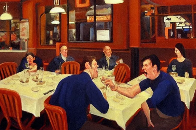 Image similar to a grumpy busser in a restaurant yells at the owner, art by dean macadam