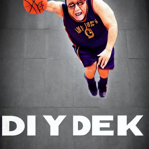 Image similar to Danny Devito dunk poster, 4K ultra realistic, sports photo, award winning photo, high shutter speed, athletic, high resolution photo