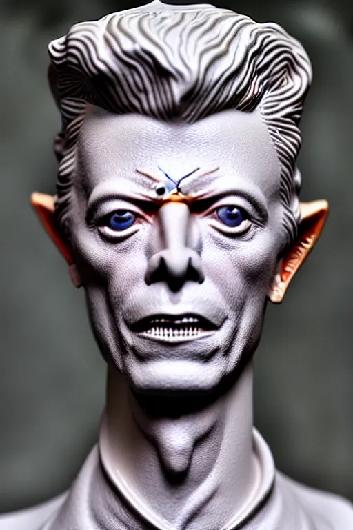 Image similar to David Bowie , A Close up photo-real delicate ceramic porcelain sculpture of a symmetrical ornate detailed in front of an intricate background by Victo Ngai and takato yamamoto, micro detail, backlit lighting, face in focus, subsurface scattering, translucent, thin porcelain, octane renderer, colorful, physically based rendering, japanese pottery, trending on cgsociety