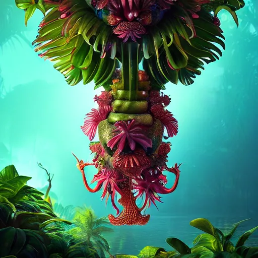 Prompt: tropical fruit creature in a lush trunda candyland vegetation, water reflection, night, backlit, warm tones, bioluminescent : by michal karcz, daniel merriam, victo ngai and guillermo del toro : ornate, dynamic, particulate, intricate, elegant, highly detailed, centered, artstation, smooth, sharp focus, octane render