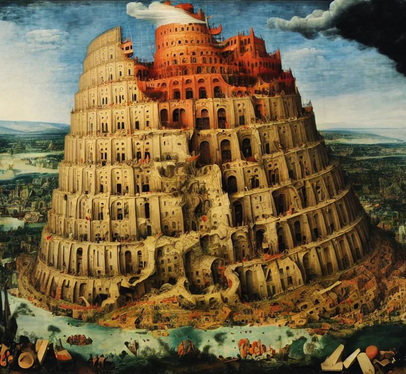 Image similar to the tower of babel after it collapses into rubble, hit by an explosion, by pieter breugel the elder