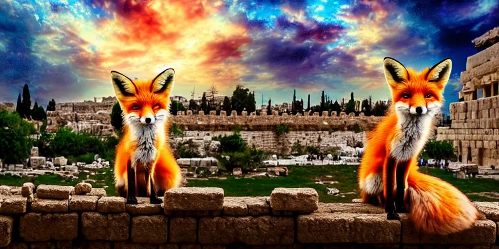 Image similar to a beautiful small fox in the huge ruins of the second temple in jerusalem, dreamy sky, the third temple hovers quietly hiding in the sky above, very colorful painting 8 k trending on art station, intricate superb details, digital art, very very very realistic, cinematic lighting, volumetric lighting, photographic, blur bokeh defocus dof sky by afremov.