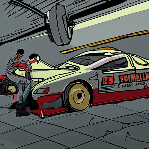 Prompt: formula one mechanic works on car, comic, wide shot, gta style by patrick brown